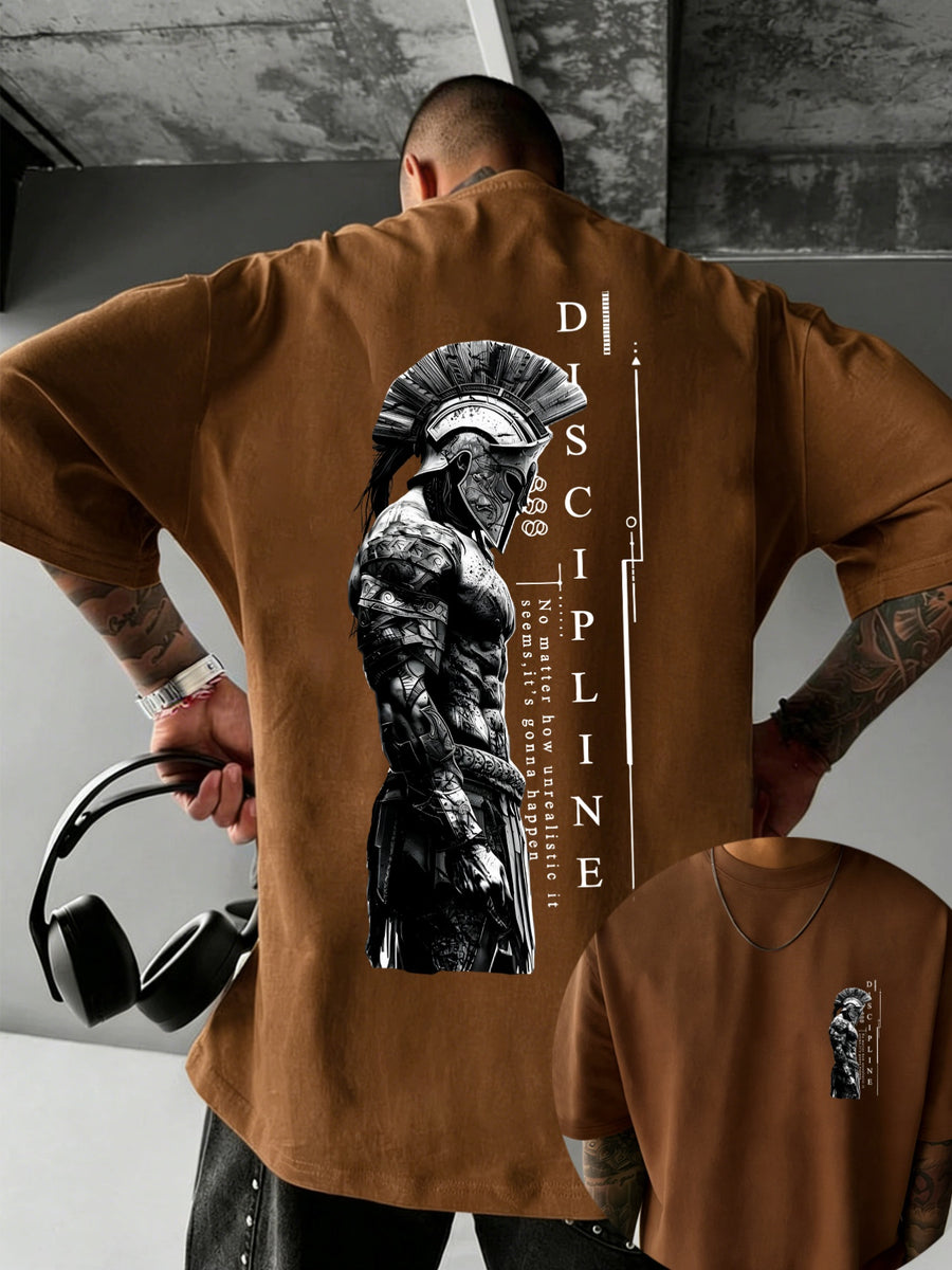 Men'S 100% T-Shirt, Spartan Warrior Discipline Print, All-Season Wear, Casual Sporty Comfortable Breathable - Coffee Brown