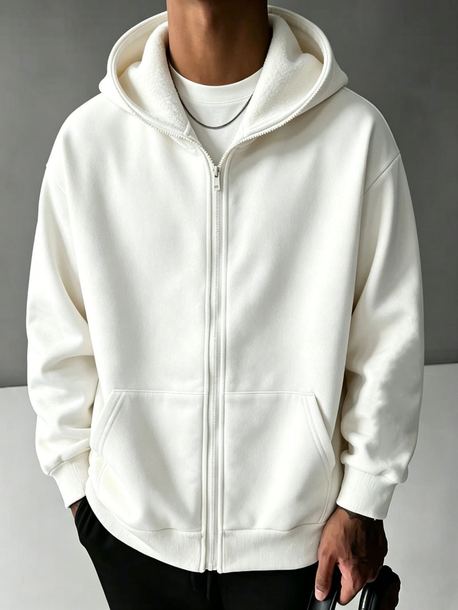 New Men'S Solid Color Autumn Winter Casual Athletic Top Men'S Hooded Zipper Sweatshirt - White
