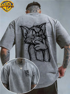Warner Bros. Official License, Classic Cartoon Character Angry Raging Hand-Drawn Line Art Print, American Retro Washed Distressed T-Shirt, Unisex, Machine Washable, Suitable for Daily Commute And Outdoor Wear - Grey