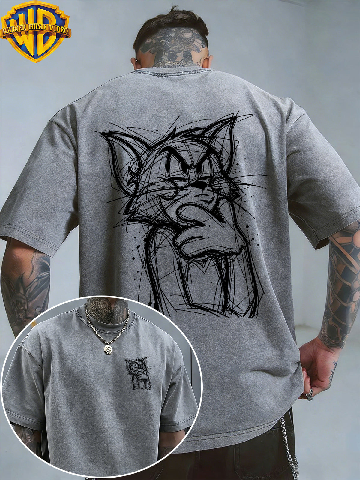 Warner Bros. Official License, Classic Cartoon Character Angry Raging Hand-Drawn Line Art Print, American Retro Washed Distressed T-Shirt, Unisex, Machine Washable, Suitable for Daily Commute And Outdoor Wear - Grey