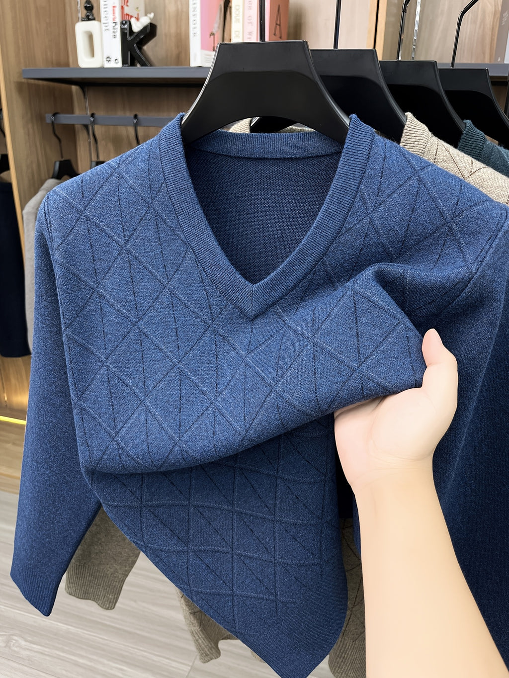 Men's V-neck Knitted Warm Casual Simple Autumn/Winter Thermal Sweater - Blue