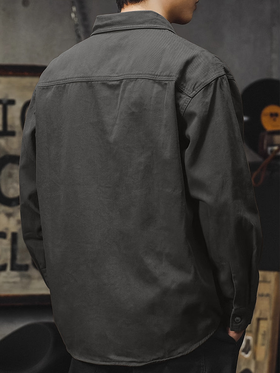 Men'S Cargo Shirt Spring Autumn Long Sleeve Top Vintage Workwear Style Multi-Pocket American Casual Top Outerwear, New Season - Grey