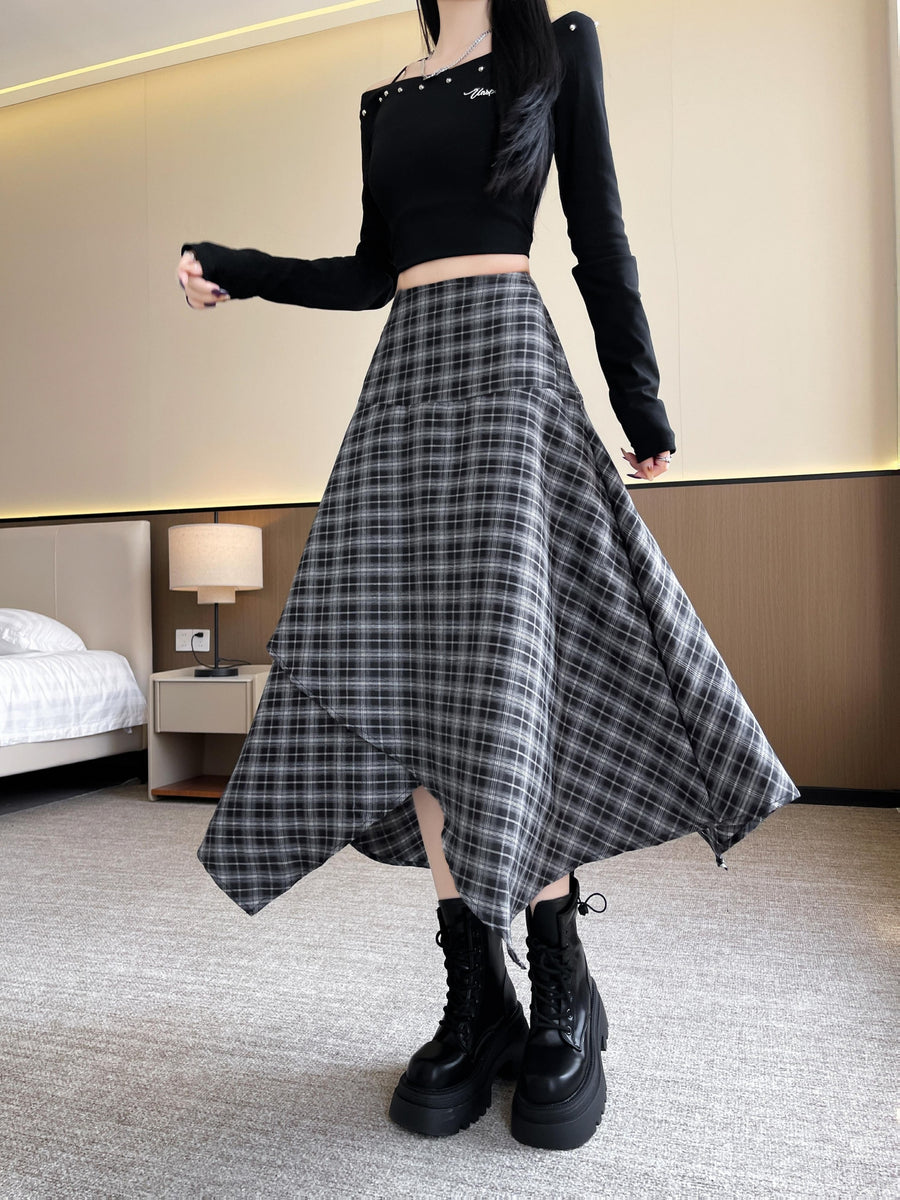 1pc, New Elegant, Irregular Plaid Midi Skirt, Suitable for Spring, Autumn And Summer, High Waist, Zipper Style A-Line Skirt - Black