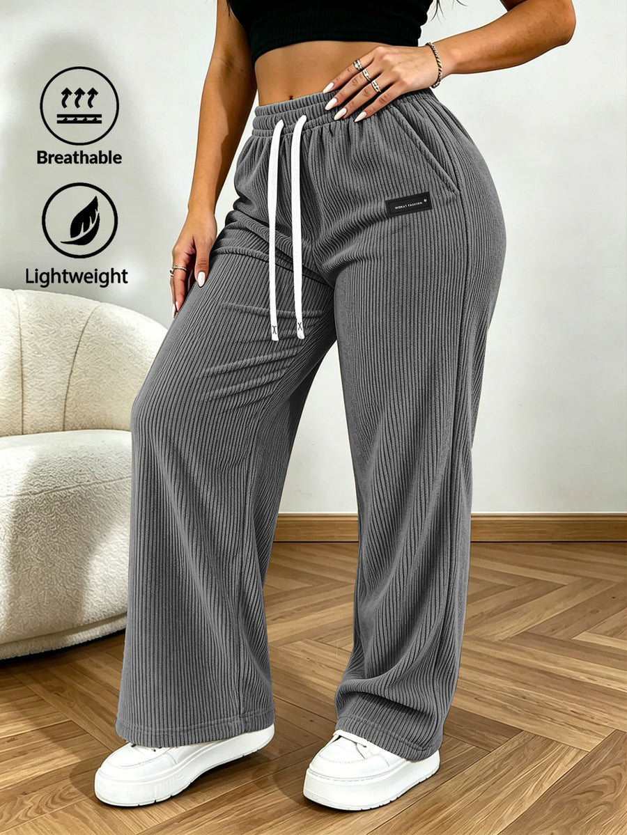 Trendy Fashion Corduroy Straight-Leg Women'S Pants, Elastic Waist with Adjustable Drawstring, Lightweight And Breathable, Suitable for Casual Wear, Outdoor, Outings, Office, Dates, Lunchtime Leisure - Dark Gray