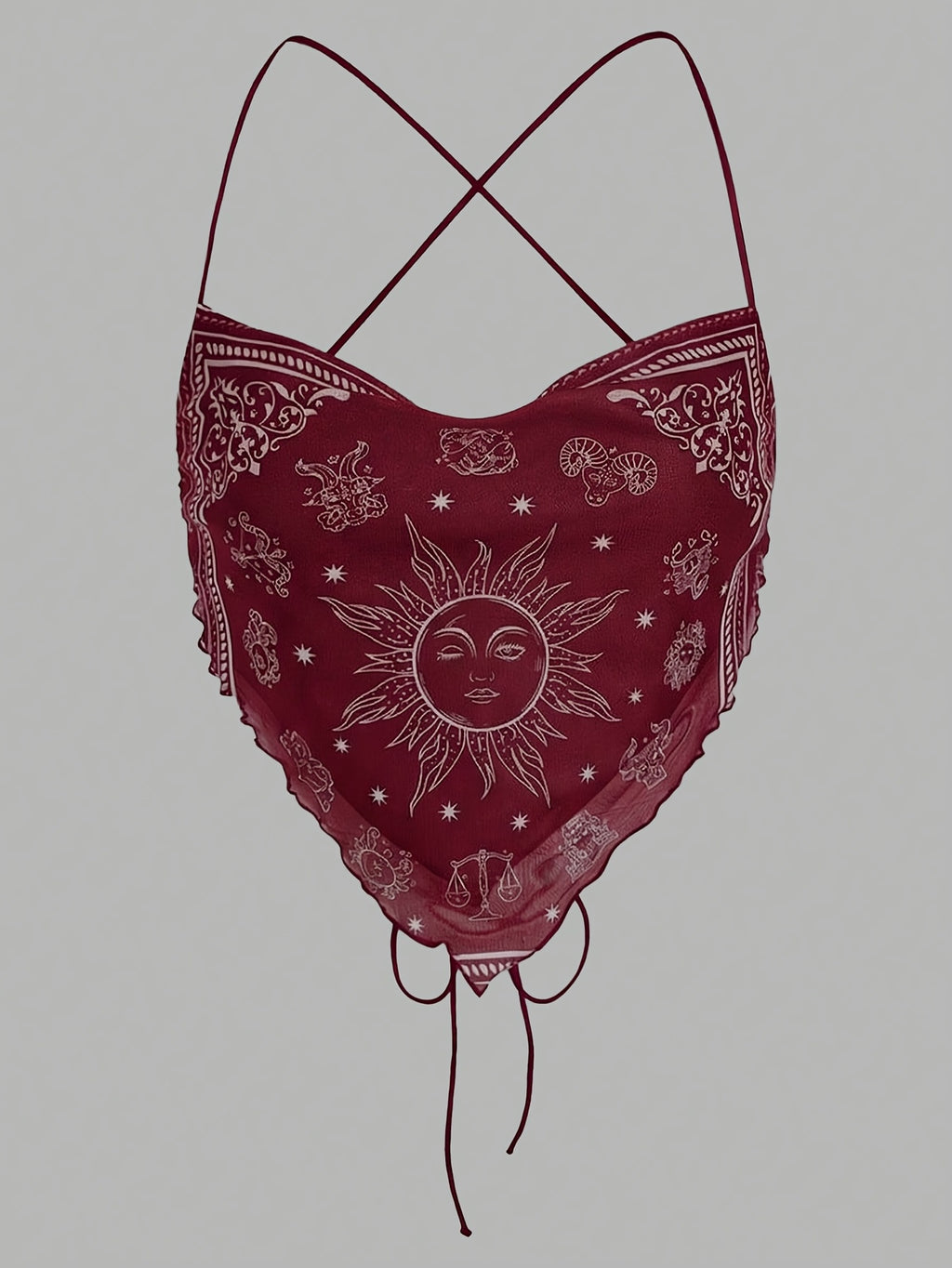 Women's Camisole Top with Criss-cross Tie Design, Paisley Pattern Placement Print, Backless Style, Perfect for Beach Vacations - Burgundy