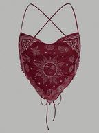 Women's Camisole Top with Criss-cross Tie Design, Paisley Pattern Placement Print, Backless Style, Perfect for Beach Vacations - Burgundy
