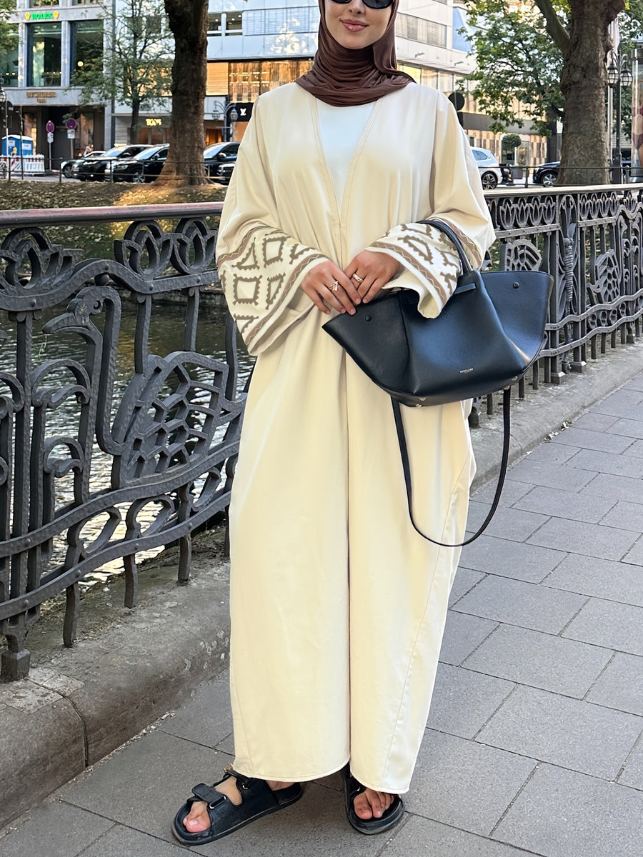 Middle Eastern Traditional Elegant Casual Abaya Robe - Without Headscarf, Printed Flared Sleeve Long Sleeve Open Casual Robe, Simple Muslim Abaya Robe, City Stroll/street Check Casual Style, Women's Elegant Abaya, Ramadan, Arabic Attire LL168 - Champagne