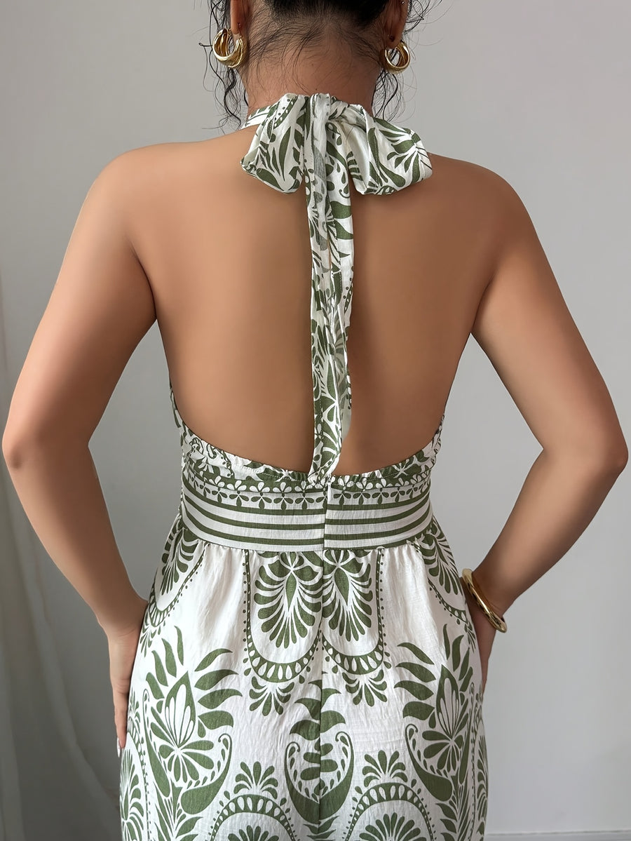 Women'S Casual Vacation Backless Bohemian Style Summer Women'S Clothing Off-Shoulder Easter Women'S Jumpsuit - Olive Green