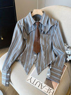 Striped Shirt with Large Collar and Tie - Essential Back-to- Fashion, Exuding Campus Charm - Mixed colors