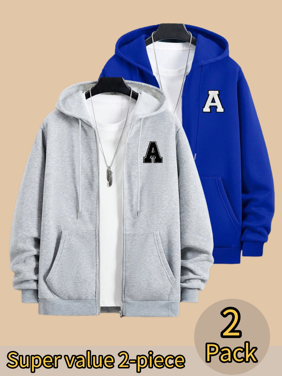 50% Cotton, 50% Polyester, 2-Pack Men's Zippered Hooded Fleece-Lined Sweatshirt, Men's Clothing, Long-Sleeve Fleece Jacket, Zippered Top, Hooded Sweatshirt, Pockets, Drawstring, Suitable for Outings, Casual Wear, Back-to-School Season - Light Grey+Blue