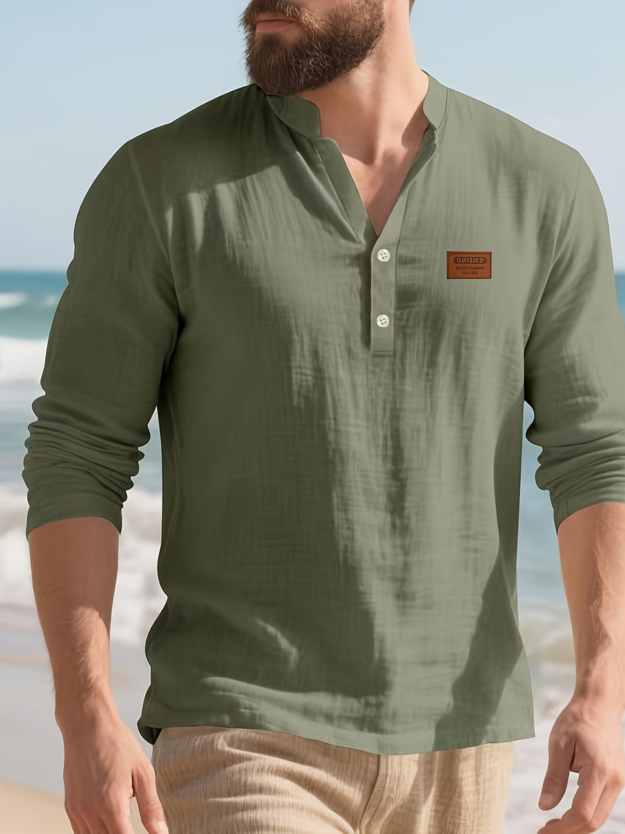 Men's American Style Linen Henley Long Sleeve T-Shirt, for Autumn, Loose Casual Breathable V-Neck Henley Top with Chest Logo Patch - Olive Green