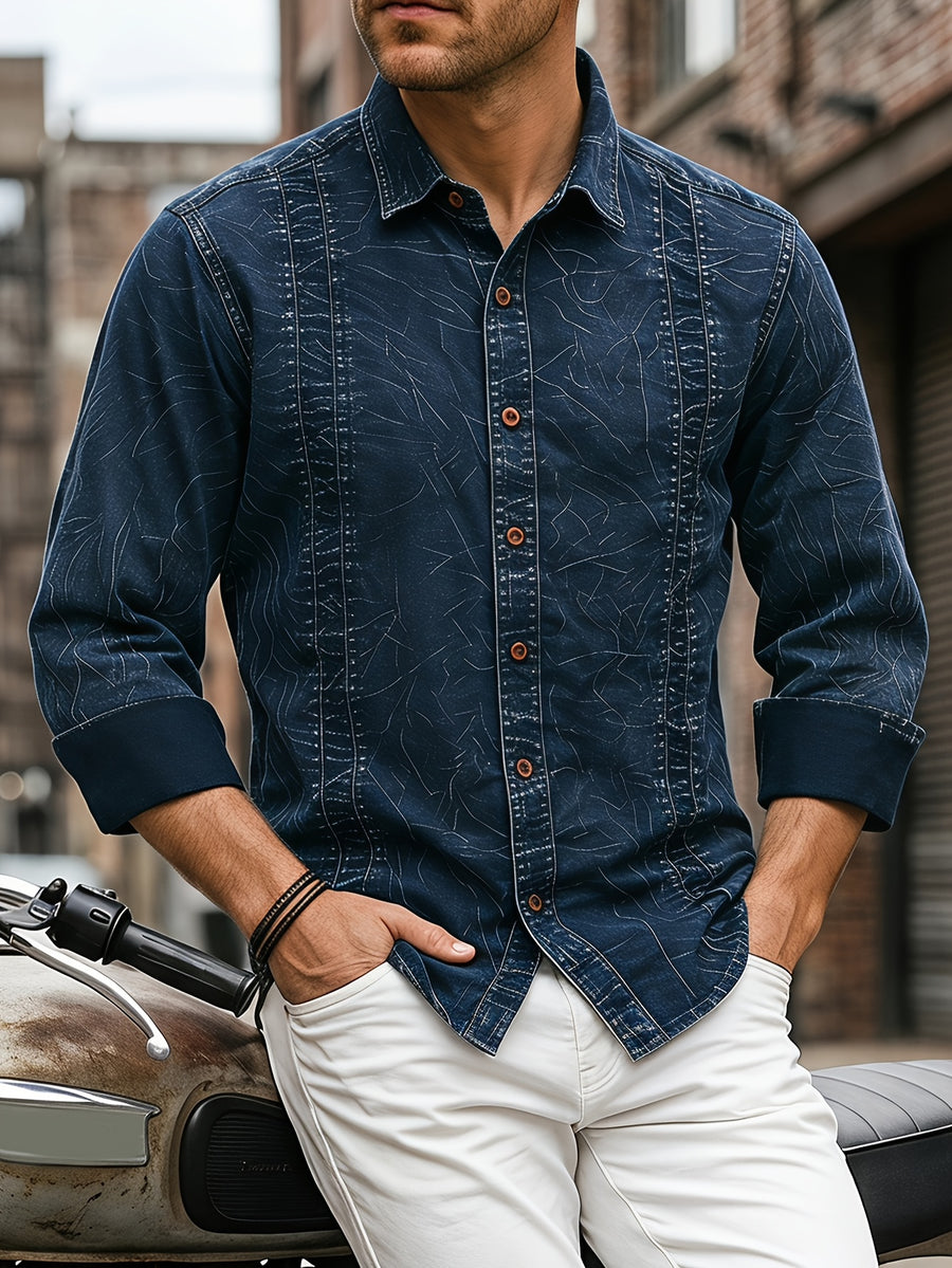 Autumn Men'S Denim Shirt Distressed Handmade Washed Denim Shirt Vintage Long Sleeve Denim Design Casual Leisure Shirt Slim Fit Denim Shirt Handmade Men'S Shirt Business Inner Layer Casual Denim Shirt - Navy blue color