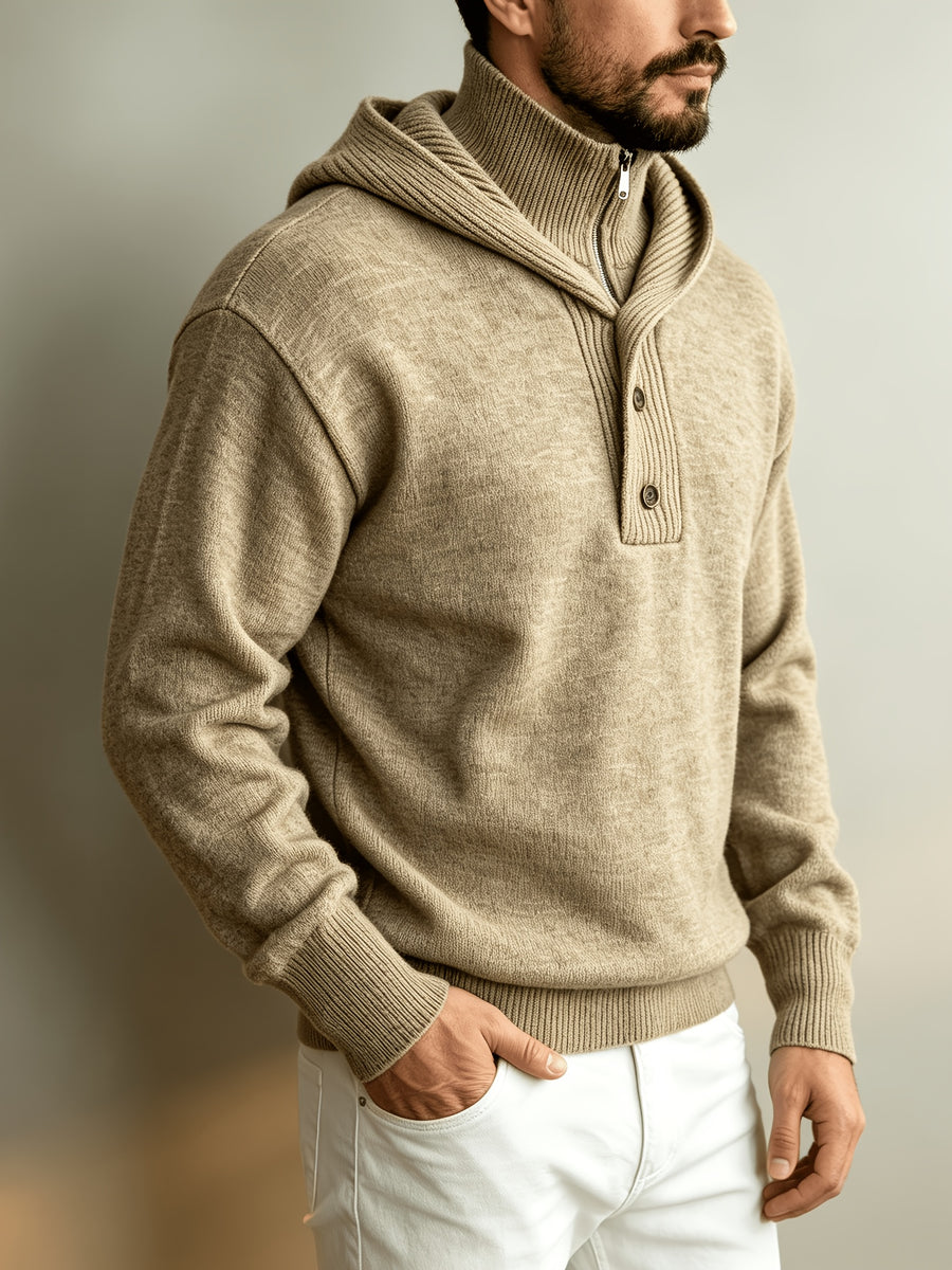 Autumn/Winter Men's 2-in-1 Look Hooded Knit Sweater, Half-Zip High Neck Design with Overlay Button Placket, Fine, Soft, and Skin-Friendly Fabric, Regular Fit for Slimming and Concealing. A Versatile Top for Casual and Daily Commutes, a Warm - Clip Flower Coffee