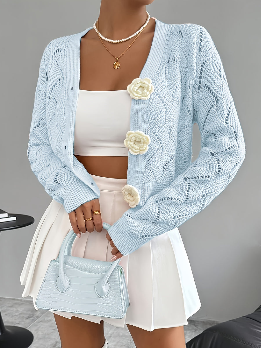 Spring 2026 Spring/Summer Women'S Handcrafted 3D Floral Embellishment Western Fashion Elegant Solid Lace Crochet Cardigan Top Jacket Women'S, Suitable for Daily Wear And Commuting, Spring Outing, All Seasons, Versatile Style - Light Blue