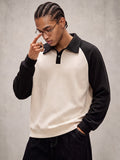 Men'S Raglan Sleeve Color Block Polo Sweatshirt Daily Casual Going-Out Streetwear Vintage Retro Y2K Button Placket Ribbed Knit Texture Ribbed Cuffs Hem Spring Autumn Regular Fit Long Sleeve Black Knit Pullover Top - Off-white
