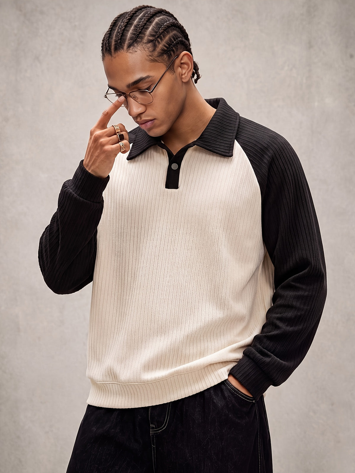 Men'S Raglan Sleeve Color Block Polo Sweatshirt Daily Casual Going-Out Streetwear Vintage Retro Y2K Button Placket Ribbed Knit Texture Ribbed Cuffs Hem Spring Autumn Regular Fit Long Sleeve Black Knit Pullover Top - Off-white