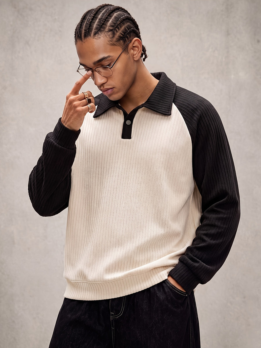 Men'S Raglan Sleeve Color Block Polo Sweatshirt Daily Casual Going-Out Streetwear Vintage Retro Y2K Button Placket Ribbed Knit Texture Ribbed Cuffs Hem Spring Autumn Regular Fit Long Sleeve Black Knit Pullover Top - Off-white