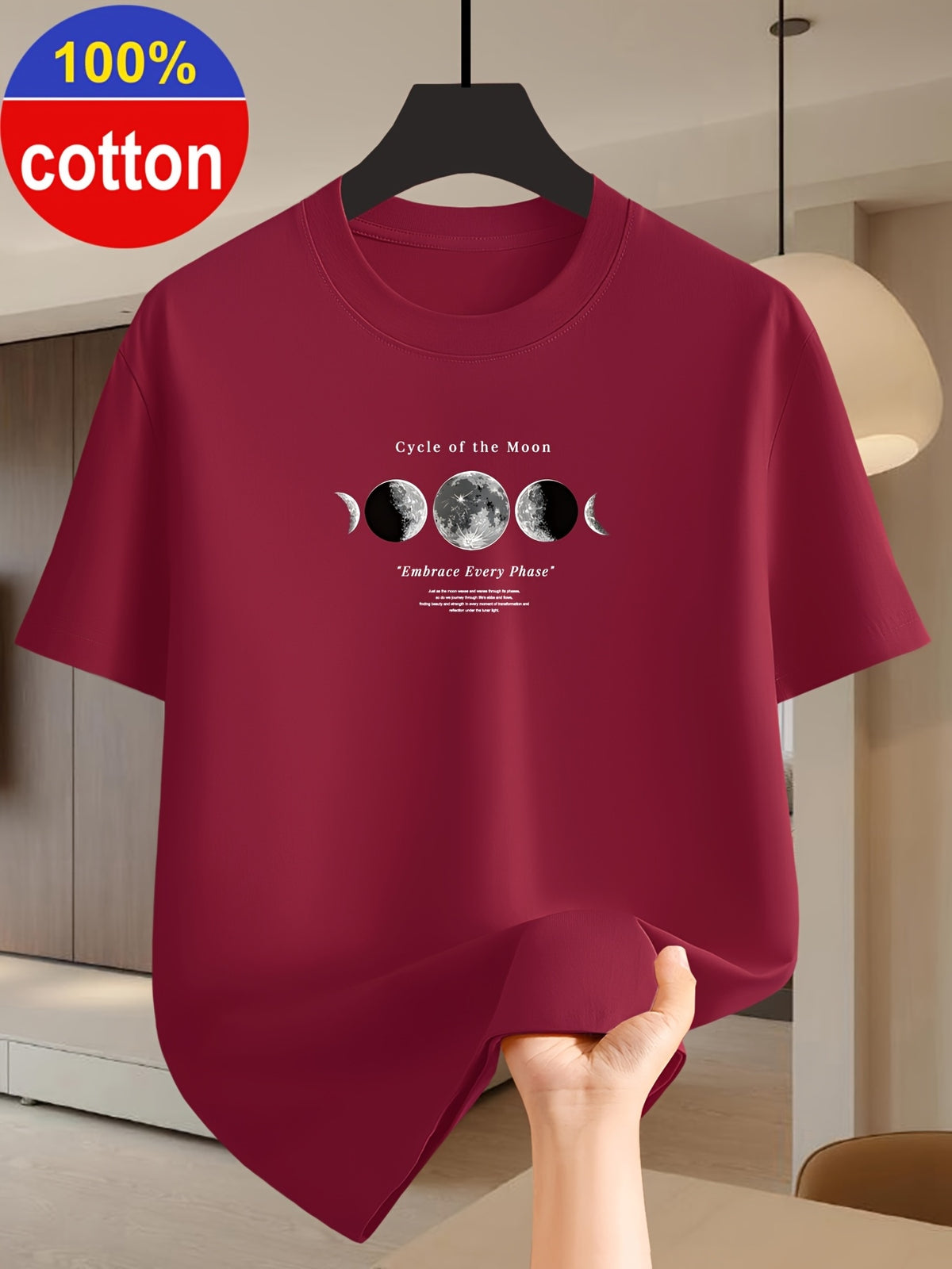 100% Cotton Summer Short-sleeve T-shirt with Simple and Stylish Printed Patterns, Available in Wine Red/green/dark Blue. Made of Cotton Fabric for Comfortable Wear, Suitable as a Holiday Gift - Burgundy