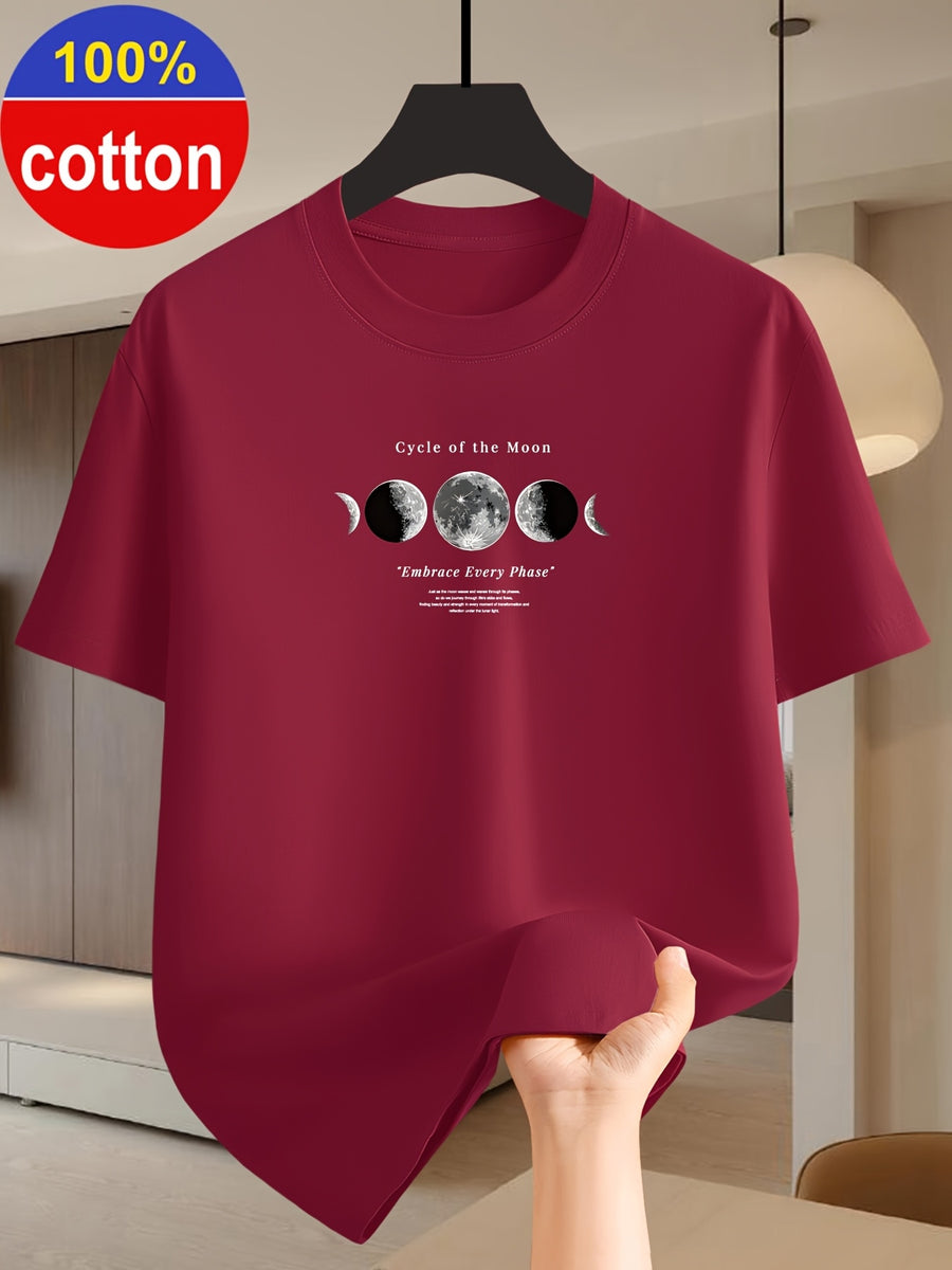100% Cotton Summer Short-sleeve T-shirt with Simple and Stylish Printed Patterns, Available in Wine Red/green/dark Blue. Made of Cotton Fabric for Comfortable Wear, Suitable as a Holiday Gift - Burgundy