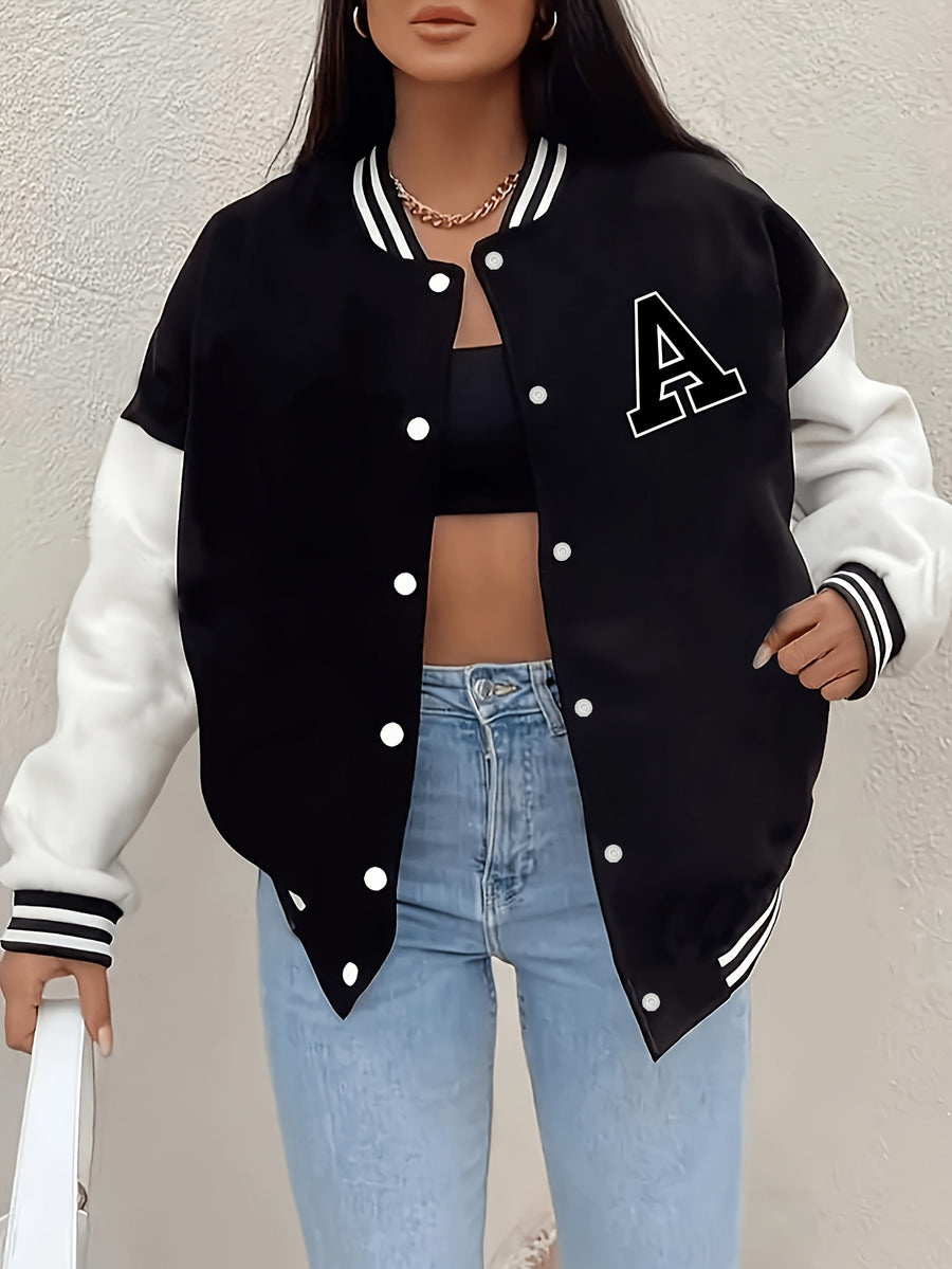Women'S Baseball Jacket, Loose Casual Color-Blocked Coat, Letter Print Top For, Versatile Cardigan for Spring And Autumn in Korean Style - Black