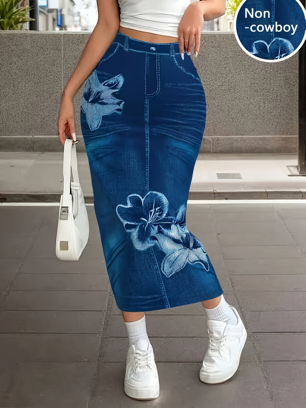 [Printed Skirt - Not Denim Fabric]BK0627104 Women'S Floral Bodycon Mid-Length Dress in a Faux Denim Style - Navy Color