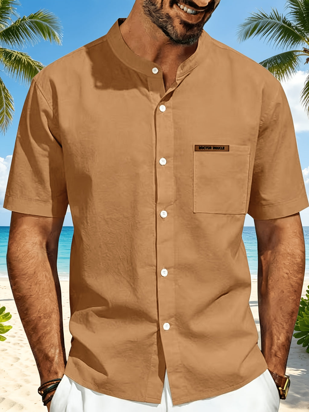 Men's Minimalist Vacation Style Stand Collar Linen Short Sleeve Shirt, 95% Linen 5% Polyester, Breathable with Label Pocket, Fashionable Beachside Pool Casual Shirt - Yellowish-brown