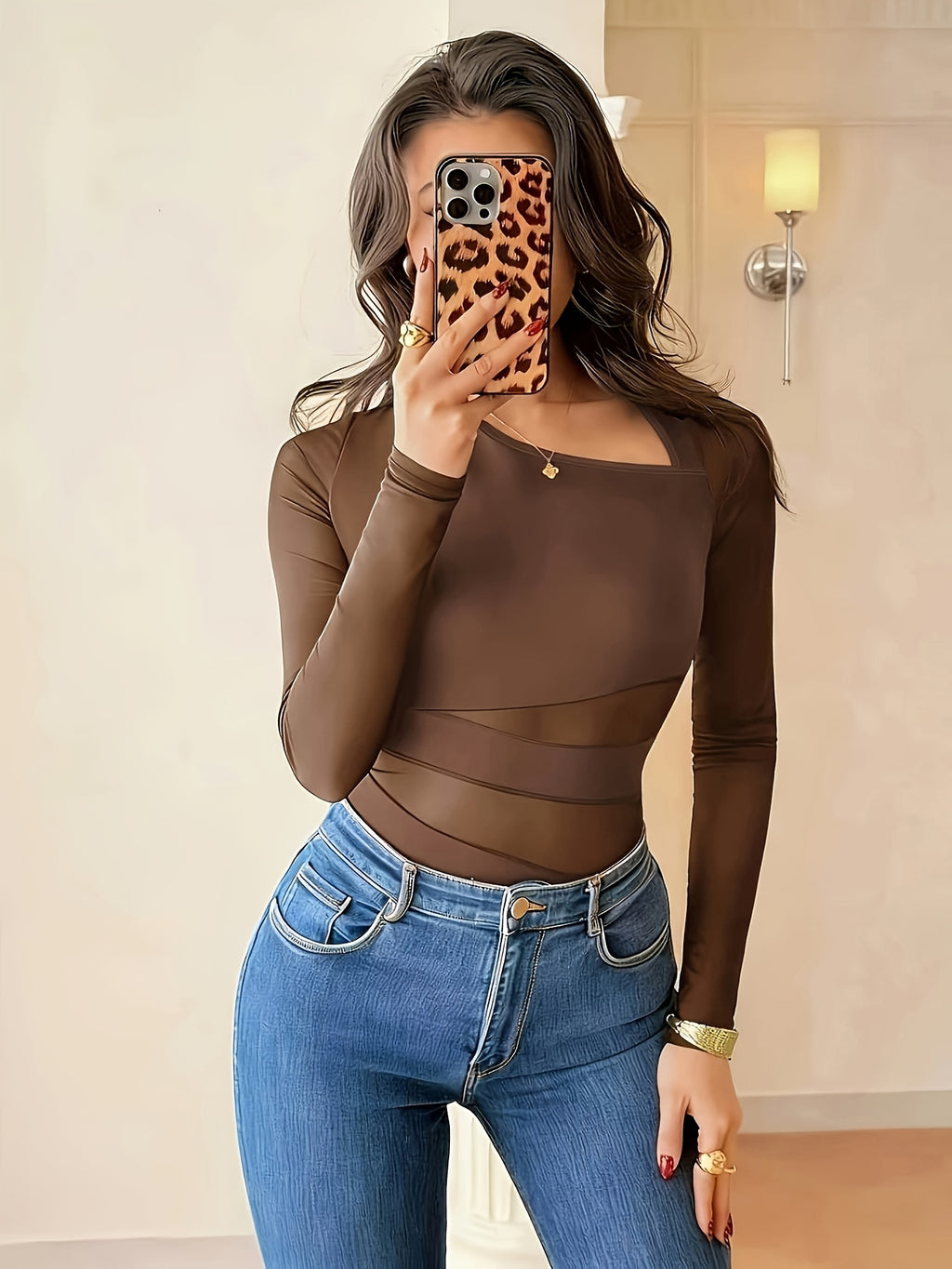 New Women'S Fashionable Solid Color Summer Elegant Sexy Asymmetrical Neckline Mesh Patchwork Long-Sleeved Bodysuit, Round Neck Bodysuit, Mesh Patchwork Slim Fit Bodysuit, Suitable for Women to Wear in Spring And Summer, See-Through Bodysuit - 【Brown】