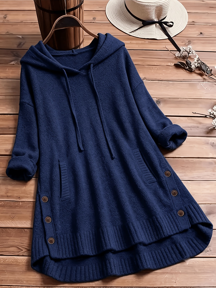 Women'S Elegant Casual Cute Sexy Middle Eastern Style Spring Autumn Solid Color Hooded Long Sleeve Slit Button Front Short Back Long Comfortable Loose Soft Warm Knit Pullover Sweater Top - Navy Color