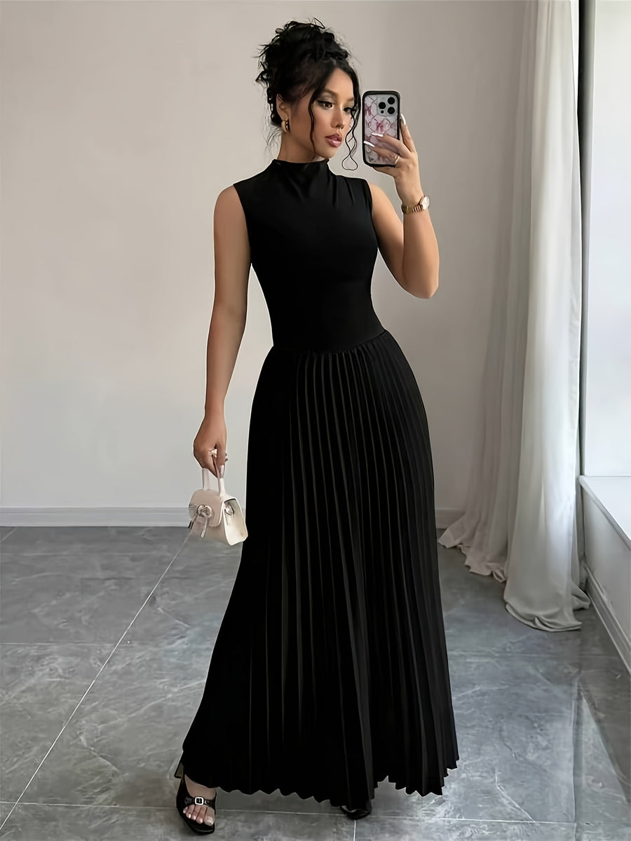 Elegant, Exquisite and Fashionable High Neck Sleeveless Pleated Long DressSlim Fit Waist-cinching A-line Bridesmaid DressMinimalist StyleSuitable for Daily Commute, Office Wear, Dinner Parties, Dating and Formal Occasions - Black
