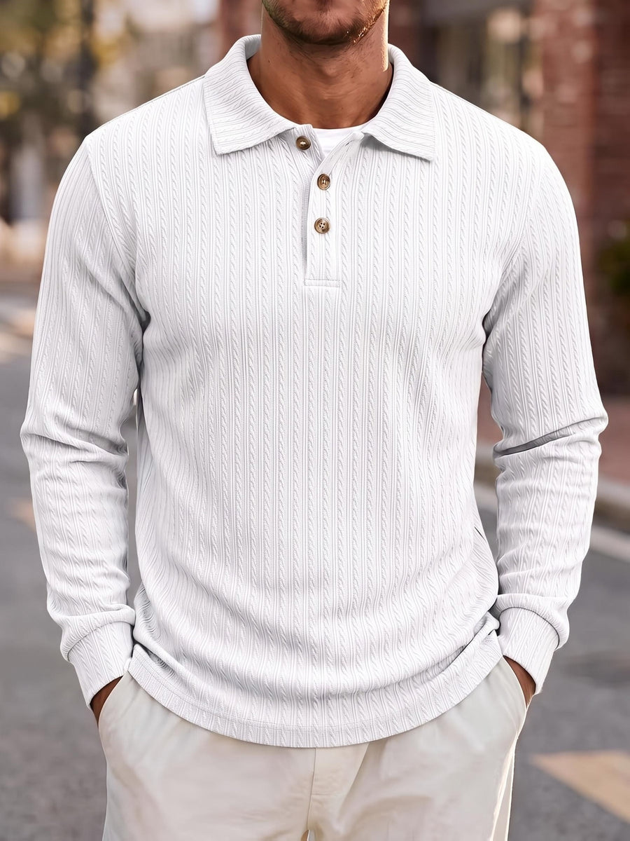 Men'S Casual Jacquard Polo Shirt, Autumn Easy Style Elastic Long Sleeve Textured Fabric Slim Fit Base Layer Top - White