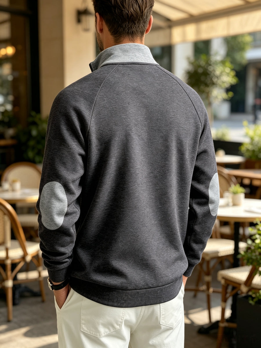 Men's Quarter Zip Stand Collar Sweatshirt, Heavyweight Color Block Pullover with Elbow Patches, Raglan Long Sleeve Tops with Chest Pocket, Lined Loose Casual Commute Outerwear, Autumn Winter Versatile Plus Size Men Clothing Multiple Colors& S - Dark Gray