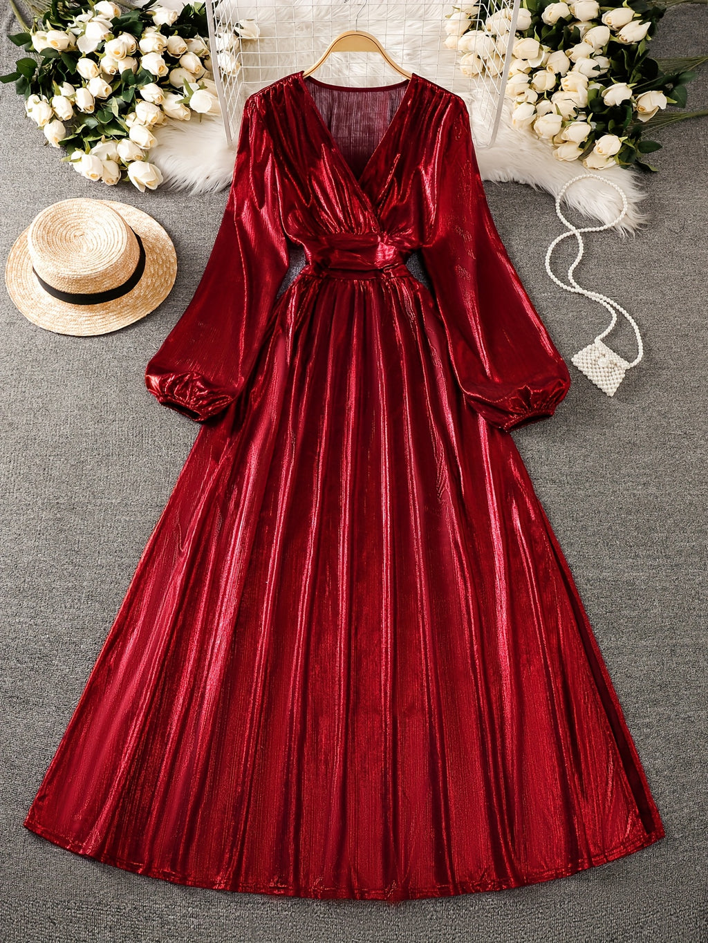 New Arrival Women's Bright Red Long Sleeve V-Neck Maxi Slit Dress - Red