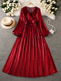 New Arrival Women's Bright Red Long Sleeve V-Neck Maxi Slit Dress - Red