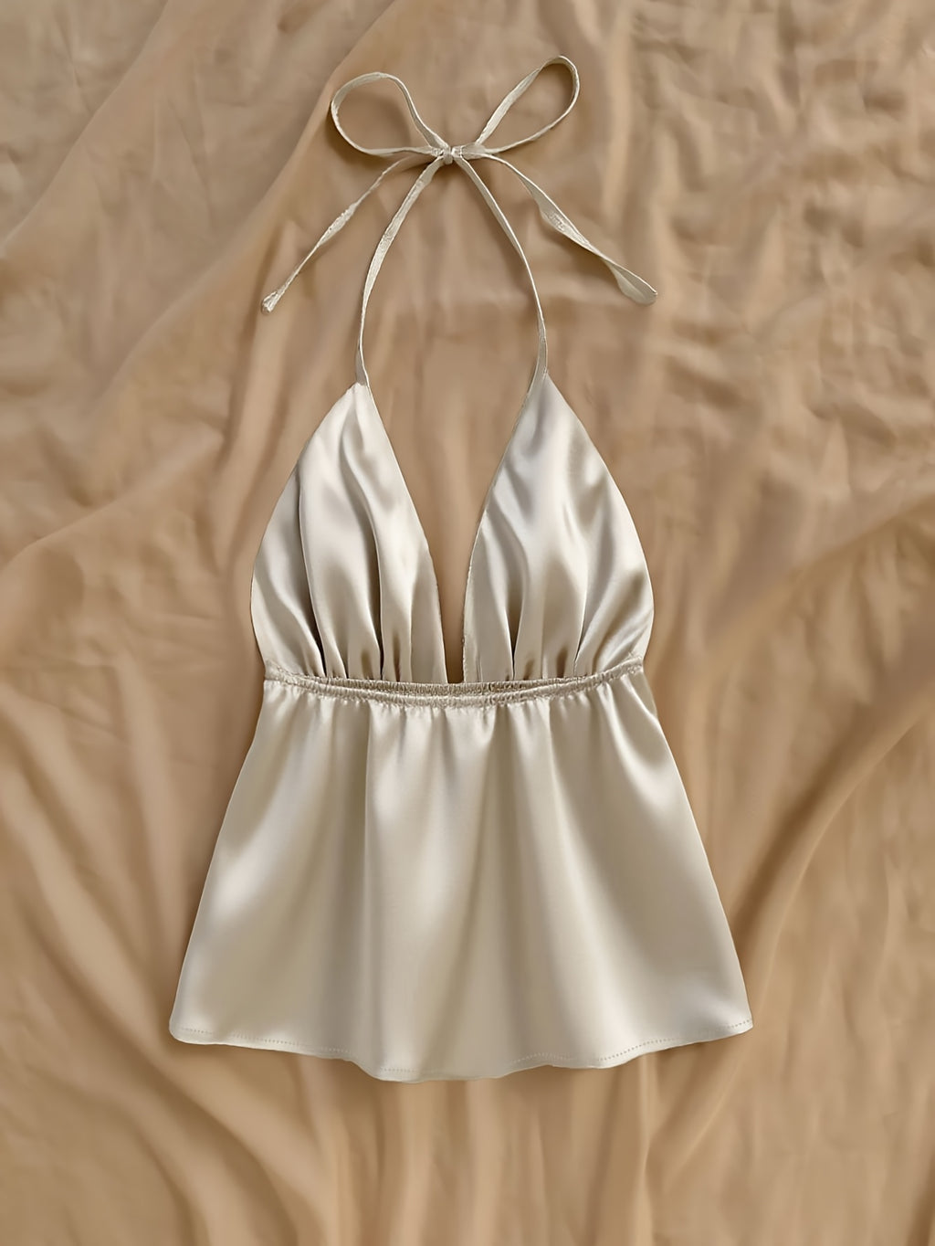 1pc Solid Color Spring Summer Beach Vacation Casual Satin Ruffled Cami Top - Apricot