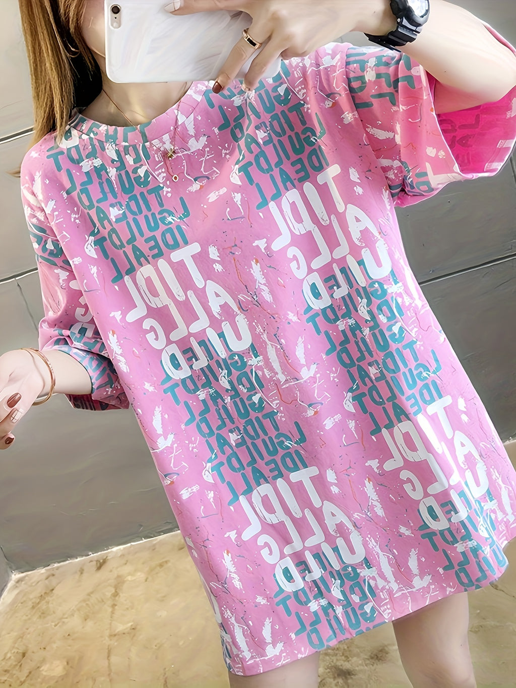 Summer New Large Size Loose Fashion Trend Thin Cartoon Round Neck Print Medium Long Short Sleeve T-shirt - Bright Pink Color