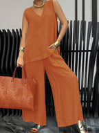 Women's Casual 2pcs Set Solid Color Loose Sleeveless V-Neck Tank Top + Wide-Leg Pants - Tangerine