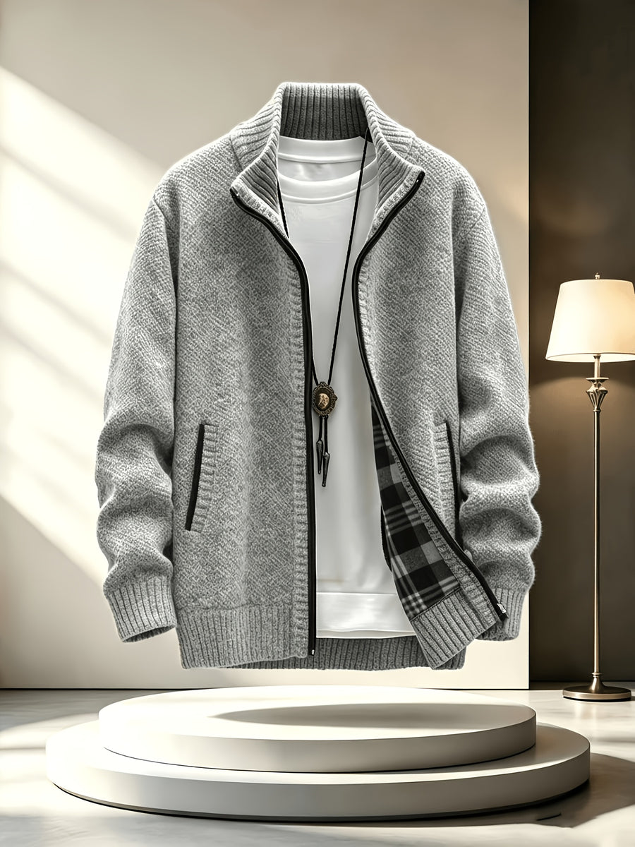 Men'S Stand Collar Zip-Up Knitted Cardigan for Fall Winter, Solid Color Long Sleeve Fleece Lined Casual Sweater Coat, Slim Fit And Versatile for Daily Wear - Light Grey