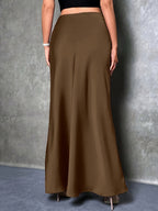 Women's High-Waisted Solid Color Elegant Satin Skirt, Suitable for Date, Party, Gift, All Season - Coffee Brown