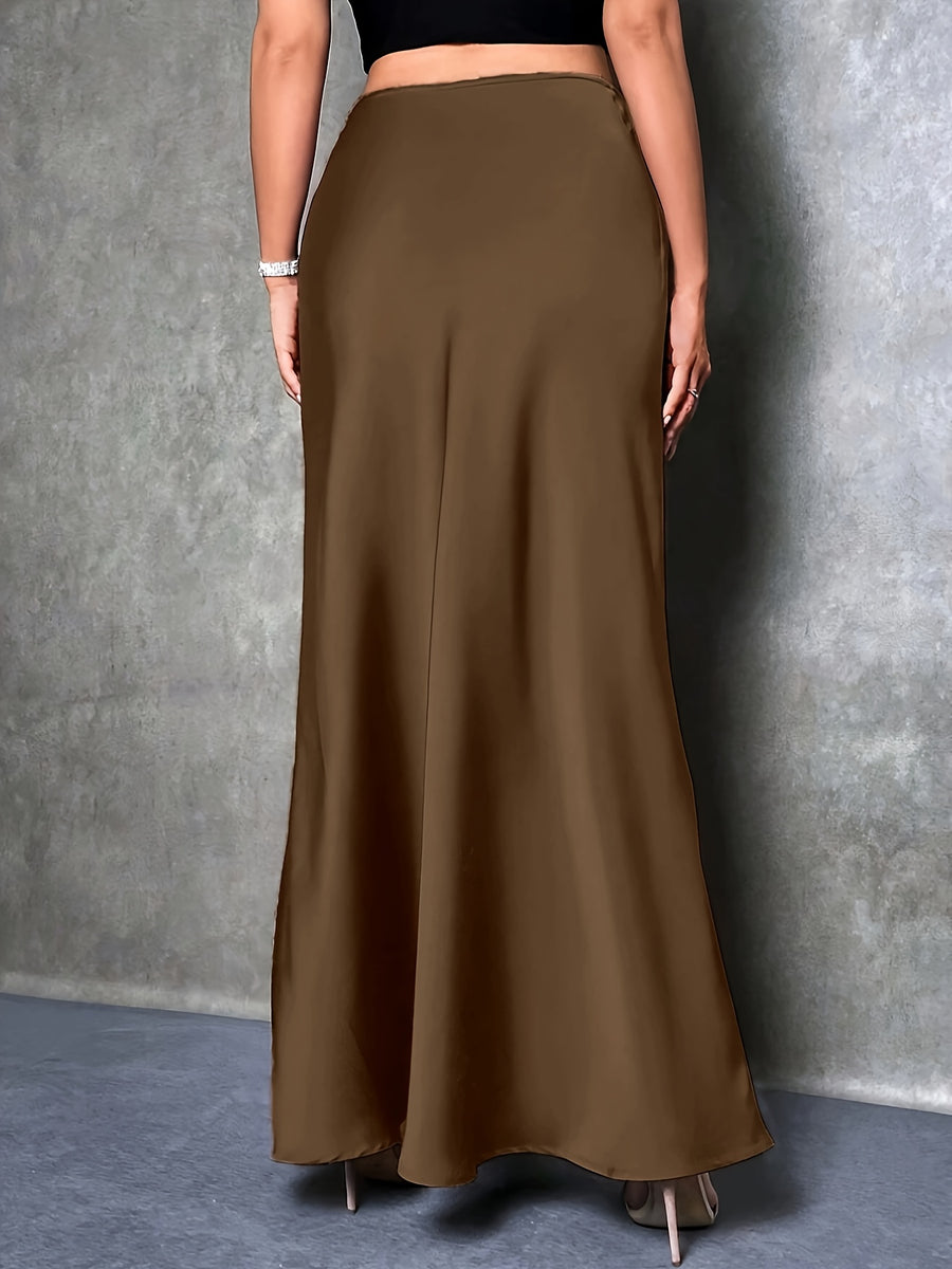 Women's High-Waisted Solid Color Elegant Satin Skirt, Suitable for Date, Party, Gift, All Season - Coffee Brown