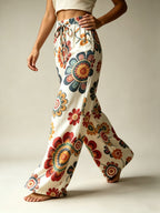 Bohemian Style Colorful Floral Print Wide-Leg Pants Women'S High-Waisted Drawstring Loose Vacation Style Casual Trousers - Mixed colors
