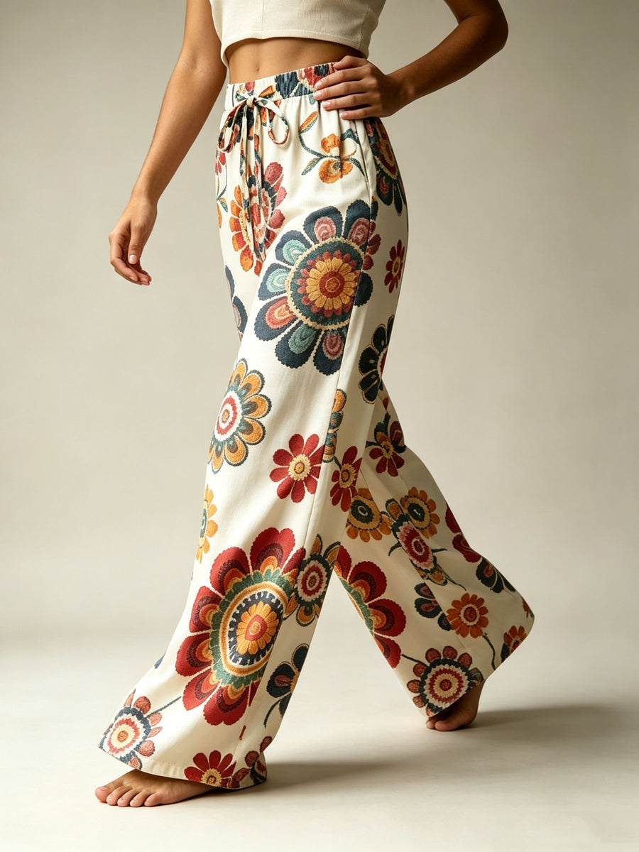 Bohemian Style Colorful Floral Print Wide-Leg Pants Women'S High-Waisted Drawstring Loose Vacation Style Casual Trousers - Mixed colors