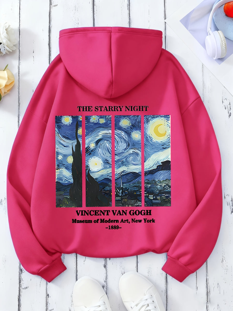 Women'S Autumn Winter All-Match Casual Hooded Sweatshirt, Starry Night Van Gogh Art Print Fashion Comfortable Jacket - Rose Red