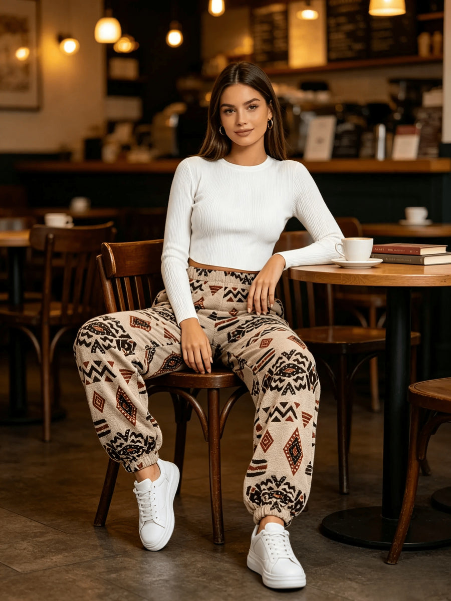 Autumn Winter New Plush Printed Trousers Women'S Warm Fleece Geometric Ethnic Print Tapered Long Pants - Apricot