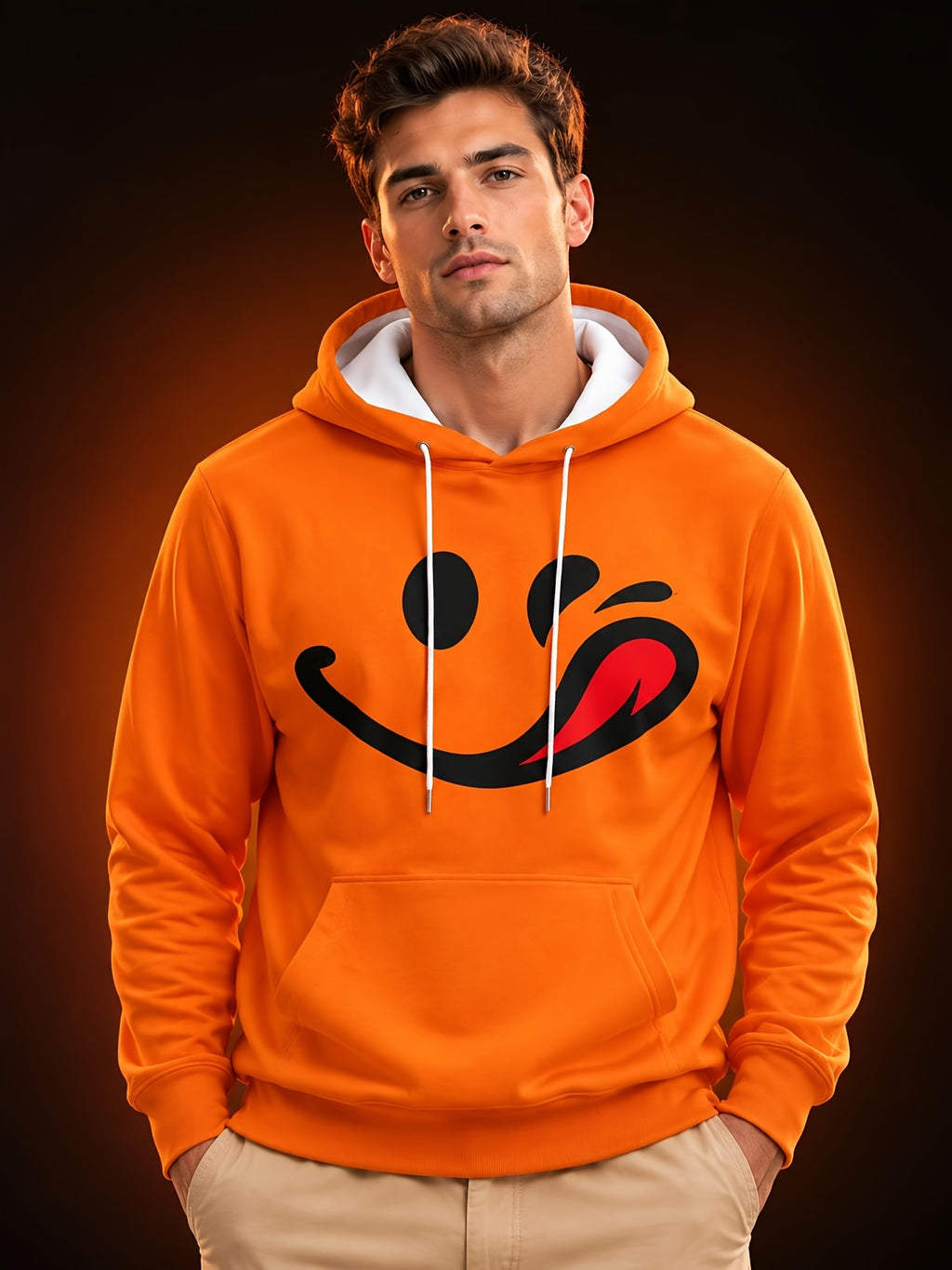 Men's Long Sleeve Pullover Hoodie, Orange Winking Tongue Joyful Face Graphic, Digital Print, Drawstring Hood Ribbed Cuffs, Polyester, Casual, Daily Wear Weekend Leisure, Spring Autumn - Mixed colors