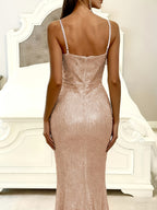 Women's Elegant Sequin Spaghetti Strap Asymmetrical Ruffle Hem High Slit Birthday Party Banquet Bridesmaid Dress - Champagne
