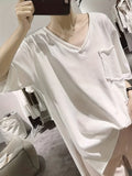 Slit T-Shirt Women'S Summer Loose Korean Rolled Edge Front Short Back Long Short-Sleeved V-Neck Top - White