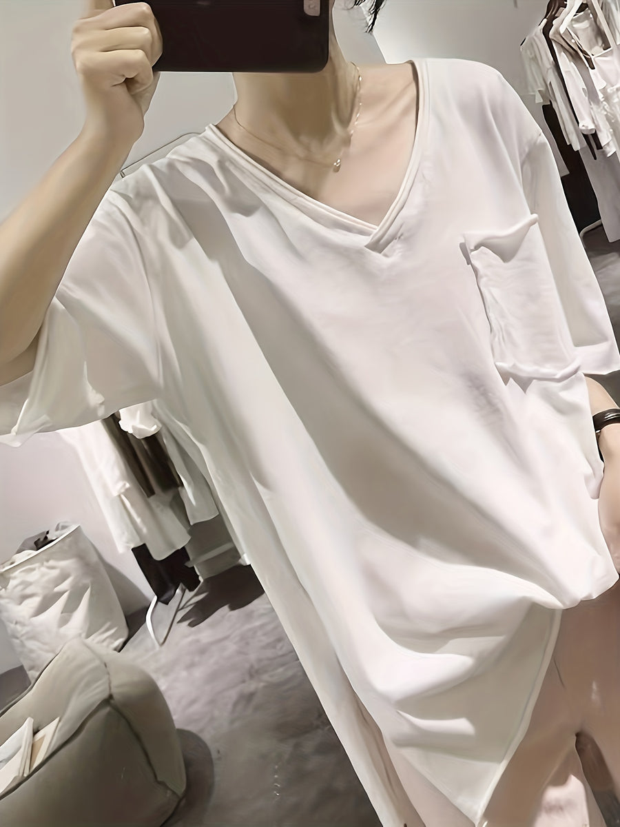 Slit T-Shirt Women'S Summer Loose Korean Rolled Edge Front Short Back Long Short-Sleeved V-Neck Top - White