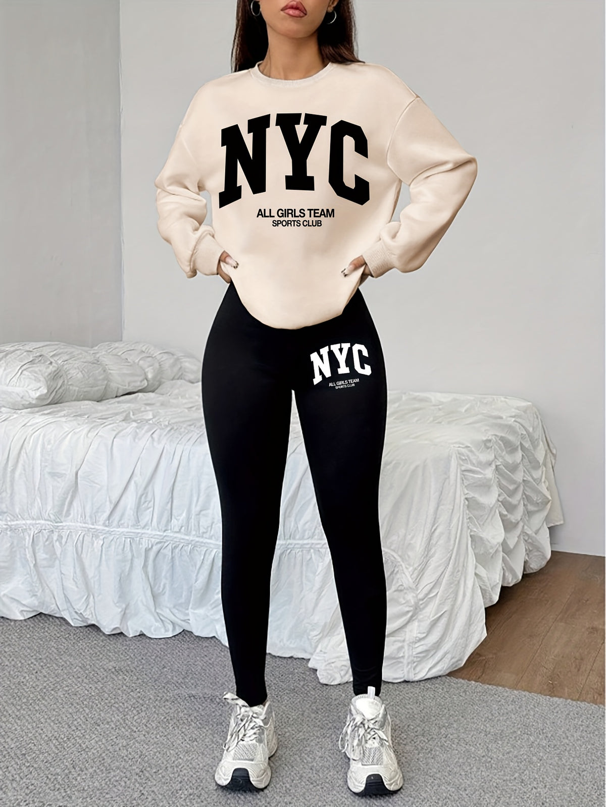 1014Gwen, 1 Set of Casual Women's Sweatshirt Set, 2pcs, Letter Print, Round Neck Long Sleeve Sweatshirt, Long Leggings, Can Be Worn Alone or as a Layering Piece, Suitable for Autumn and Winter, Women's Clothing - Apricot+Black
