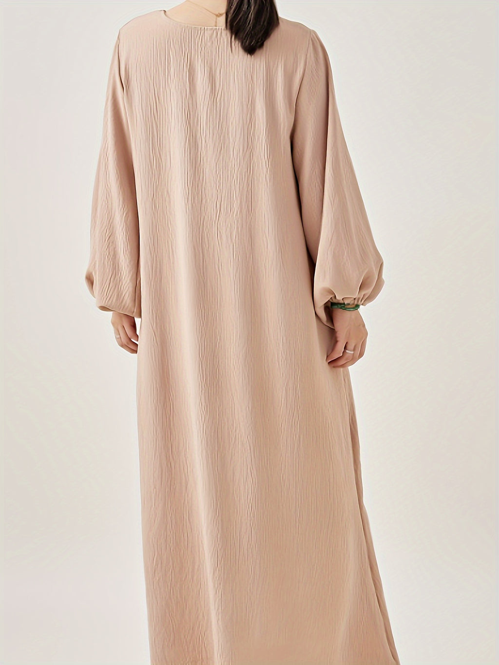 Comfortable & Casual Solid Color Muslim Dress with Bubble Pleats, Elastic Cuffs, and Flowy Hem - Polyester, Machine Washable - Khaki