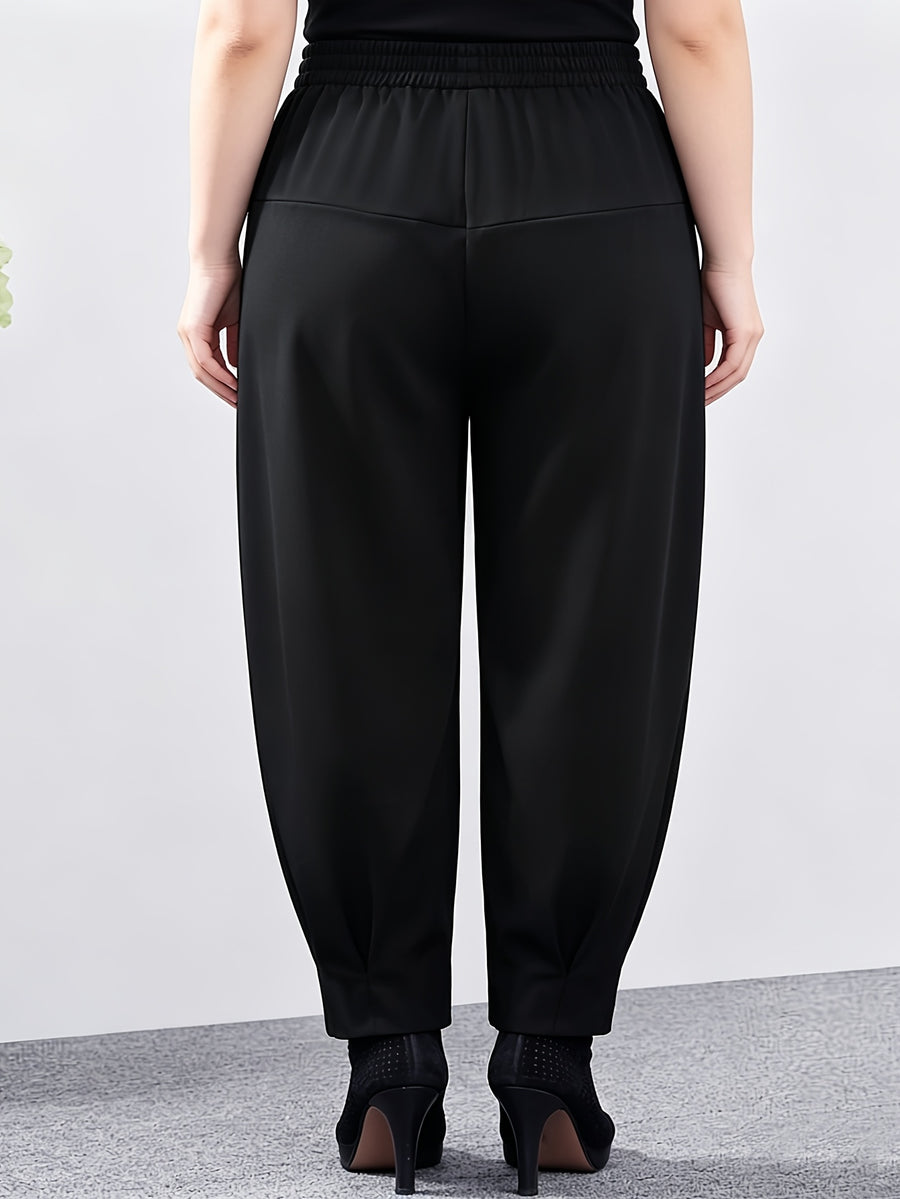 Plus Size - Women'S Plus Size Spring And Autumn New Harem Pants, Slim-Fit Elastic Waist Casual Trousers - Black